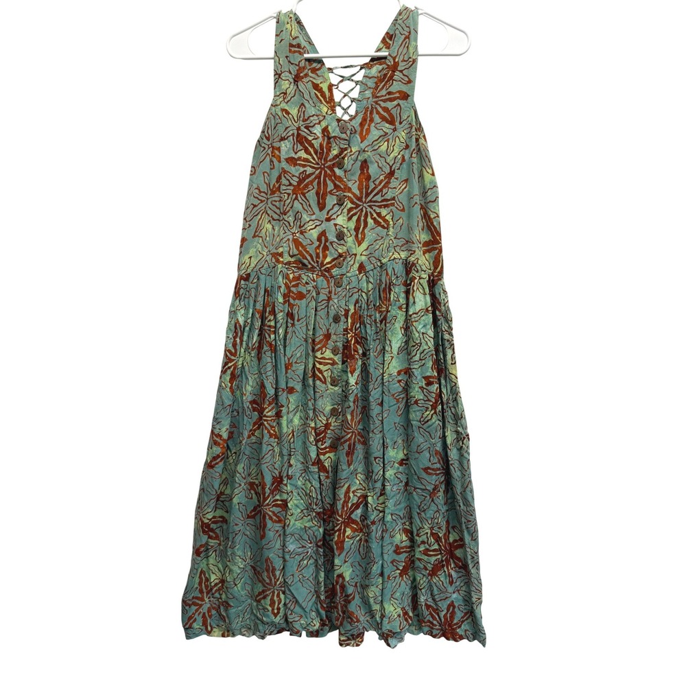 Batik Floral Midi Dress Lace Up Back Bubble Hem Teal Brown Women